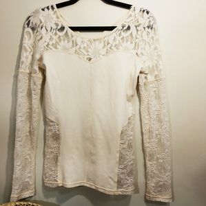 Cream lace cutout long sleeved shirt